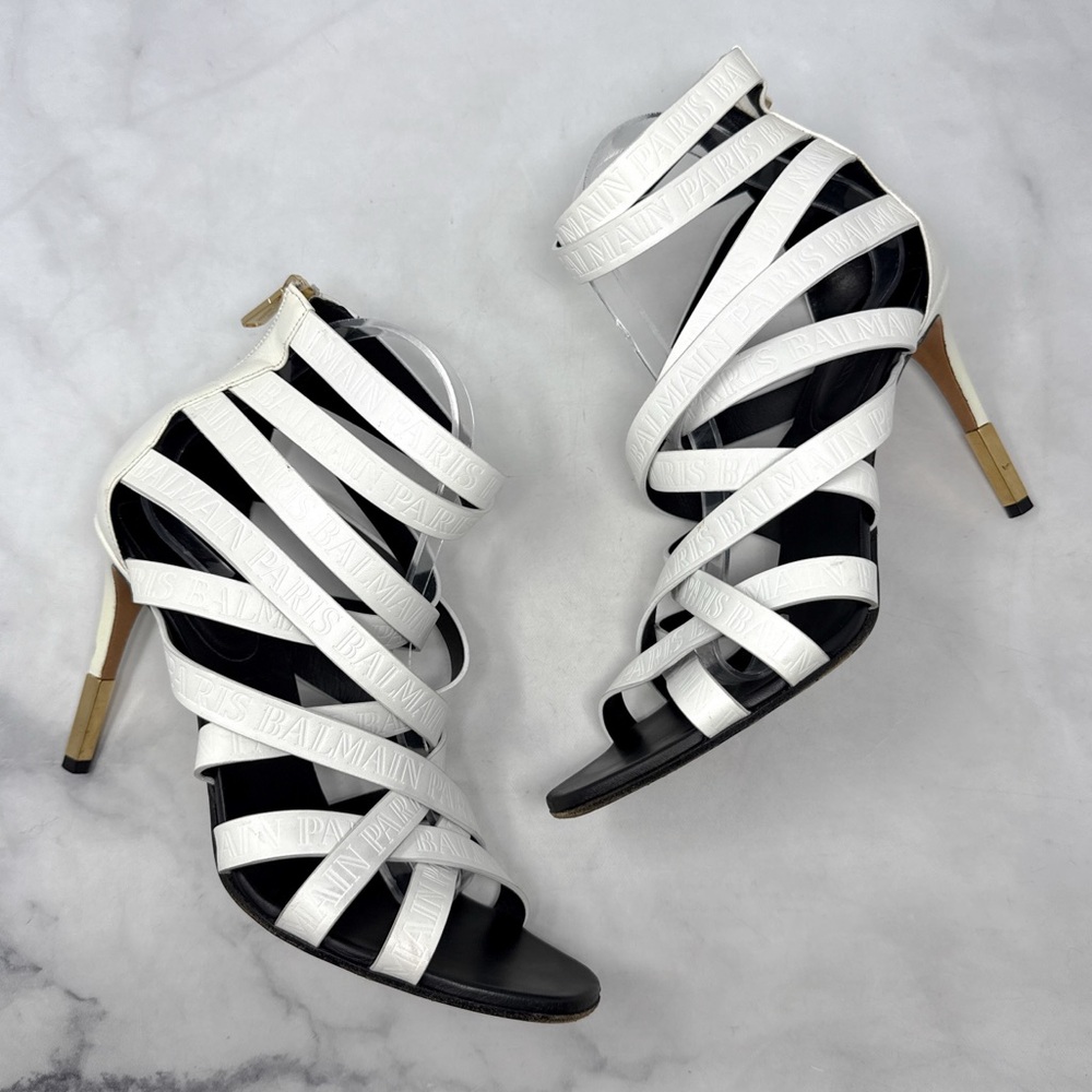 BALMAIN Charlotte Logo Embossed Strappy Leather Stiletto Sandal Heels White 41